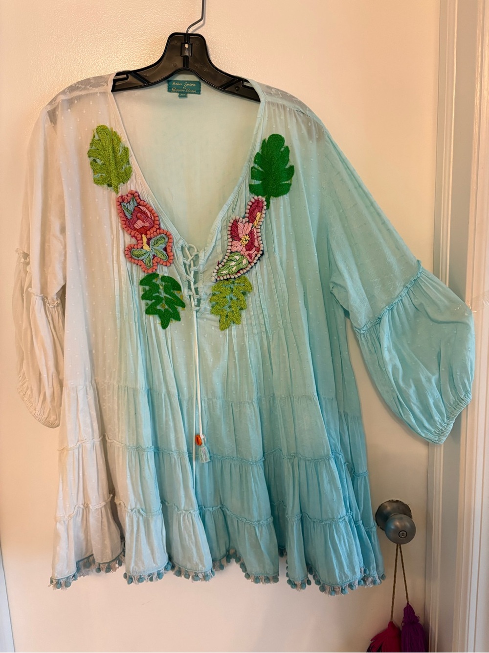 ANTICA SANTORIA Embellished Oversized Bohemian Long Sleeve Cotton Blouse! OS